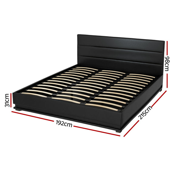 Artiss Lumi LED Bed Frame PU Leather Gas Lift Storage - Black King