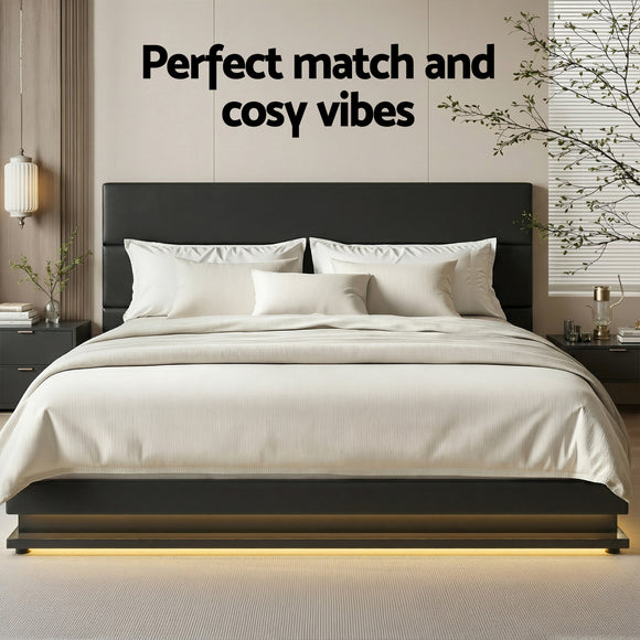 Artiss Lumi LED Bed Frame PU Leather Gas Lift Storage - Black King