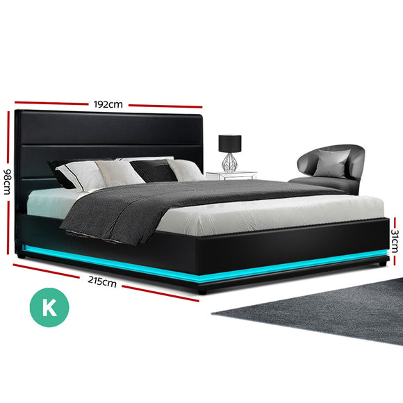 Artiss Lumi LED Bed Frame PU Leather Gas Lift Storage - Black King