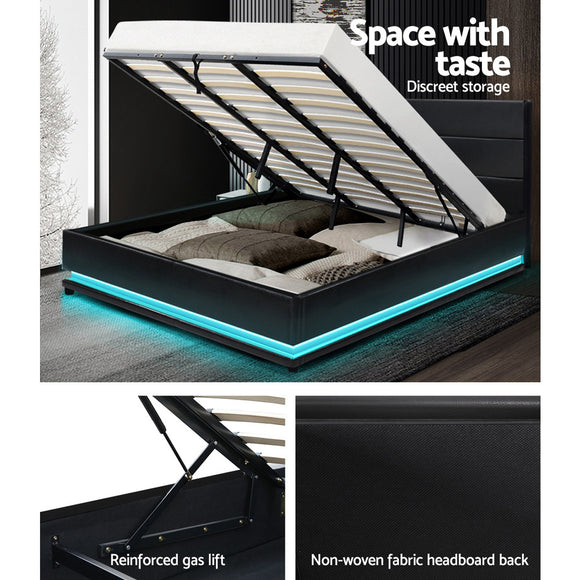 Artiss Lumi LED Bed Frame PU Leather Gas Lift Storage - Black King