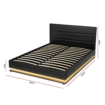 Artiss Lumi LED Bed Frame PU Leather Gas Lift Storage - Black Queen - 0