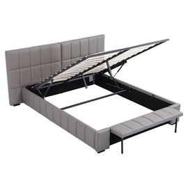 Artiss Queen Size Upholstered Gas Lift Bed Frame with Foldable Bench PVC Leather Platform Bed with Storage - 0