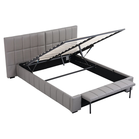 Artiss Queen Size Upholstered Gas Lift Bed Frame with Foldable Bench PVC Leather Platform Bed with Storage