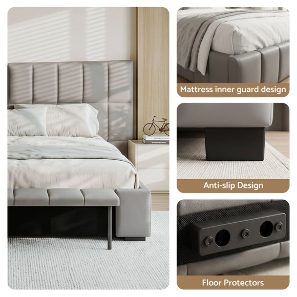 Artiss Queen Size Upholstered Gas Lift Bed Frame with Foldable Bench PVC Leather Platform Bed with Storage