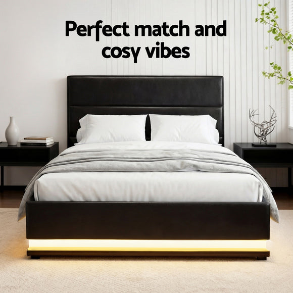 Artiss RGB LED Bed Frame King Single Size Gas Lift Base Storage Leather LUMI