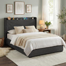 Artiss Double Bed Frame Gas Lift Storage Bed with Charging Ports Upholstered Geometric Headboard Charcoal Grey-1