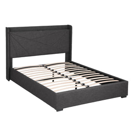 Artiss Double Bed Frame Gas Lift Storage Bed with Charging Ports Upholstered Geometric Headboard Charcoal Grey - 0