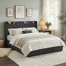Artiss King Bed Frame Gas Lift Storage Bed with Charging Ports Upholstered Geometric Headboard Charcoal Grey-1