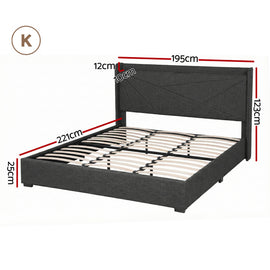 Artiss King Bed Frame Gas Lift Storage Bed with Charging Ports Upholstered Geometric Headboard Charcoal Grey - 0