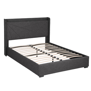 Artiss Queen Bed Frame Gas Lift Storage Bed with Charging Ports Upholstered Geometric Headboard Charcoal Grey - 0