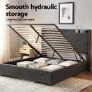 Artiss Queen Bed Frame Gas Lift Storage Bed with Charging Ports Upholstered Geometric Headboard Charcoal Grey-8