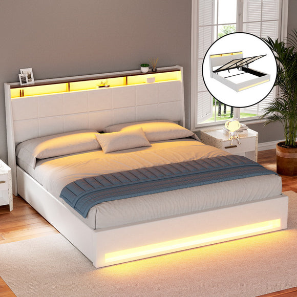 Artiss Bed Frame Gas Lift LED Beds Base Platform White PVC Leather Storage Headboard - King