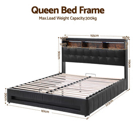 Artiss Queen Bed Frame with Gas Lift Storage LED Lights Charging Station Headboard with Open Shelf - 0