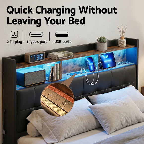 Artiss Queen Bed Frame with Gas Lift Storage LED Lights Charging Station Headboard with Open Shelf