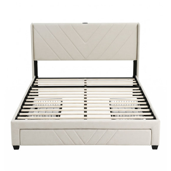Artiss Queen Bed Frame with Charging Station and Storage Drawers Beige 300KG Noise Free