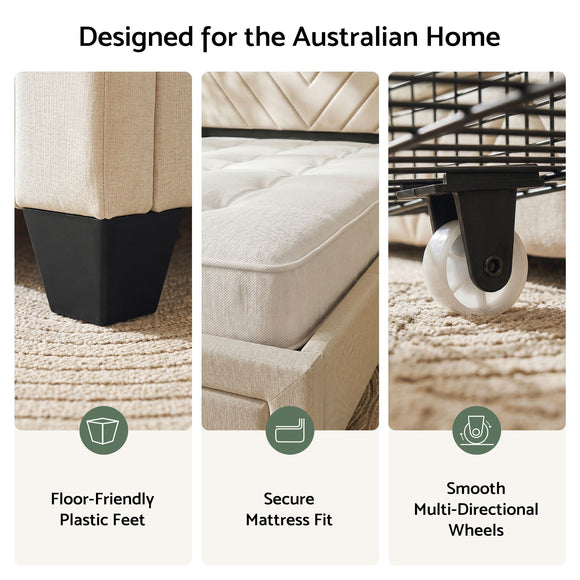 Artiss Queen Bed Frame with Charging Station and Storage Drawers Beige 300KG Noise Free
