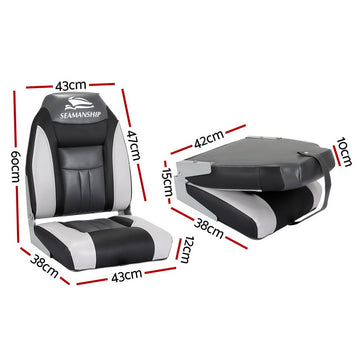 Seamanship 2X Folding Boat Seats Marine Seat Swivel High Back 12cm Padding Black - 0