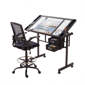 Artiss Drawing Table with Ergonomic Office Chair, Drafting Tables with Tempered Glass Desktop, Removable Drawers, Drafting Stool with Height Adjustable for Artwork Painting Studio