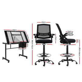 Artiss Drawing Table with Ergonomic Office Chair, Drafting Tables with Tempered Glass Desktop, Removable Drawers, Drafting Stool with Height Adjustable for Artwork Painting Studio - 0