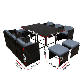 Gardeon Outdoor Dining Set 11 Piece Wicker Table Chairs Setting Black - 0