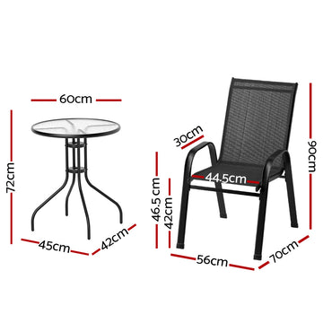Gardeon 3PC Outdoor Bistro Set Table and Chairs Stackable Patio Furniture Black - 0