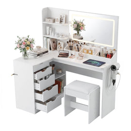 Artiss Dressing Table Corner Vanity Desk Set Stool LED Charging Station White - 0