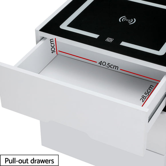 Artiss Smart Bedside Table 3 Drawers with Wireless Charging Ports LED White ADAD