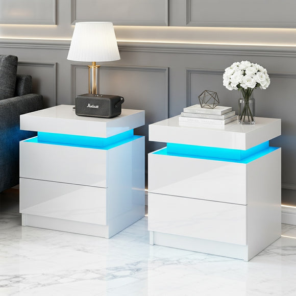 Artiss 2X Bedside Table LED 2 Drawers Lift-up Storage - COLEY White
