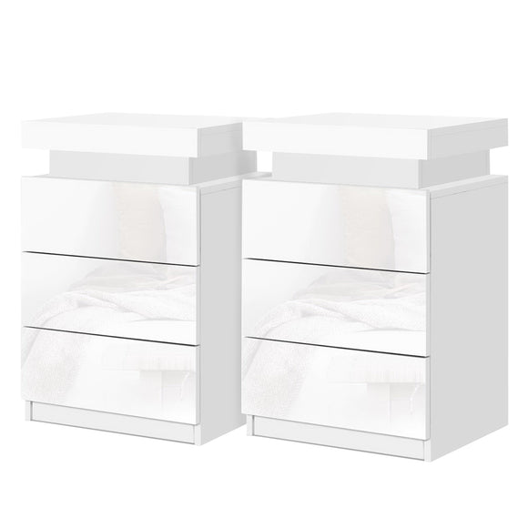 Artiss 2X Bedside Table LED 3 Drawers - COLEY White