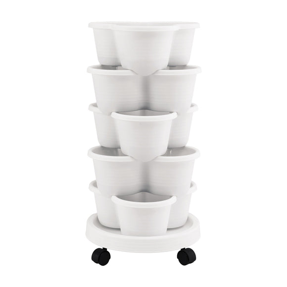 Green Fingers 5 Tier Vertical Garden Planter, Stackable Planters with Wheels, White, Garden Bed, Garden Tower Indoor Outdoor, Auto Drainage System, for Strawberries, Herbs, Flowers, Vegetables