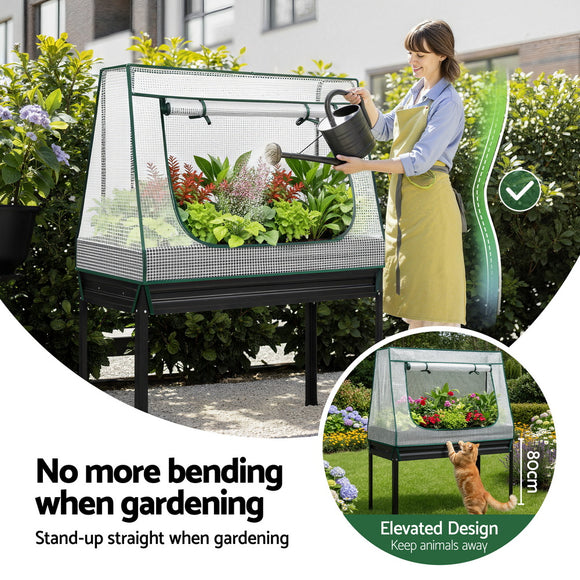 Green Fingers Elevated Metal Garden Bed Kit w Mini Greenhouse Cover 116x60cm Stand-Up Height Trellis