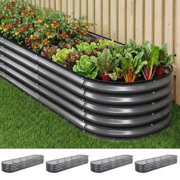 Green Fingers 4 Pcs Raised Garden Bed Kit Oval Galvanized Steel Planter Boxes 320x80x42cm, Heavy Duty Metal Elevated Garden Bed for Vegetables Flowers Herbs, with Safety Edging, Gloves & Pegs Included