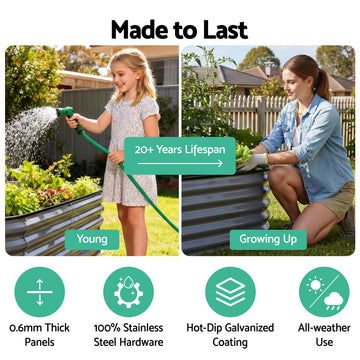Green Fingers 3 Pcs Raised Garden Bed Kit Oval Galvanized Steel Planter Boxes 320x80x56cm, Heavy Duty Metal Elevated Garden Bed for Vegetables Flowers Herbs, with Safety Edging, Gloves & Pegs Included - 0