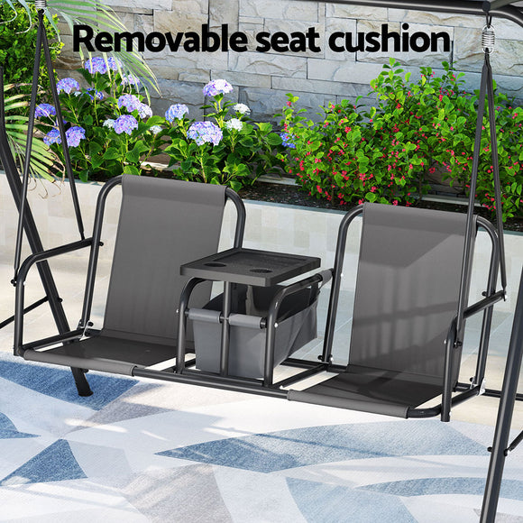 Gardeon Outdoor Swing Chair Garden Chair Canopy Cup Holder 2 Seater Grey
