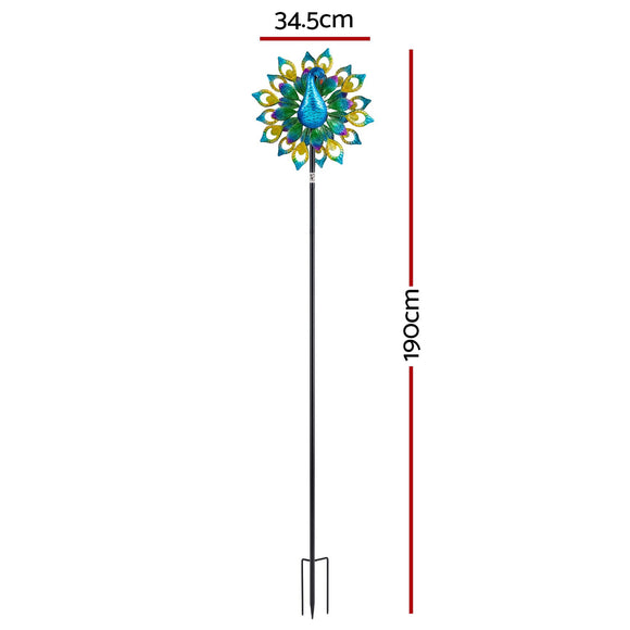 Gardeon Garden Windmill Solar Light Colorful Peacock Metal Spinner 190cm