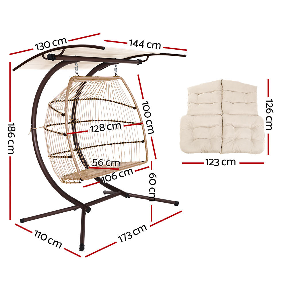Gardeon Outdoor Egg Swing Chair Wicker Furniture Pod Stand Canopy 2 Seater Latte - 0