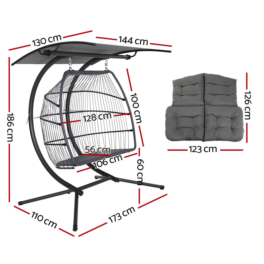 Gardeon Outdoor Egg Swing Chair Wicker Furniture Pod Stand Canopy 2 Seater Grey - 0