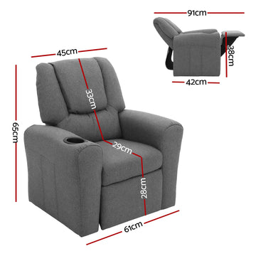 Keezi Kids Recliner Chair Grey Linen Soft Sofa Lounge Couch Children Armchair - 0