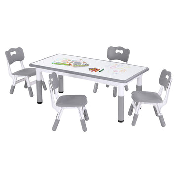 Keezi Kids Table and 4 Chairs Set Height Adjustable Toddler Desk and Chair Set for Ages 3-8, Children Activity Table with Graffiti Desktop for Learning Drawing Playing, Grey
