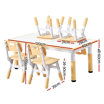 Keezi Kids Table and 4 Chairs Set Height Adjustable Toddler Desk and Chair Set for Ages 3-8, Children Activity Table with Graffiti Desktop for Learning Drawing Playing, Yellow - 0