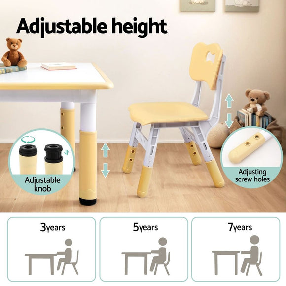 Keezi Kids Table and 4 Chairs Set Height Adjustable Toddler Desk and Chair Set for Ages 3-8, Children Activity Table with Graffiti Desktop for Learning Drawing Playing, Yellow