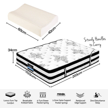 Giselle Queen 34cm 5-Zone Euro Top Pocket Spring Mattress with 2 Natural Latex Contour Pillows - 0