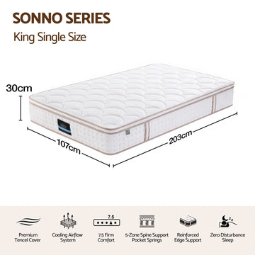 Giselle 30cm King Single Spring Mattress Tencel Cover 5-Zone Firm Back Support - 0