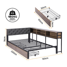 Artiss Bed Frame King Single Size with 2 Drawers and Charging Station Metal Corner Bed Base - 0
