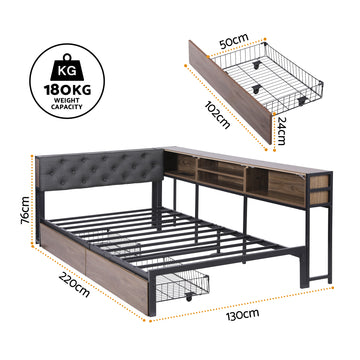 Artiss Bed Frame King Single Size with 2 Drawers and Charging Station Metal Corner Bed Base - 0