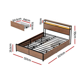 Artiss Metal Bed Frame Double Size LED Storage Headboard USB Charge 4 Drawers - 0