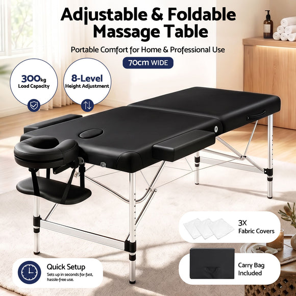 Zenses Massage Table 70cm 2 Fold Aluminium Massage Bed Portable Beauty Therapy Black