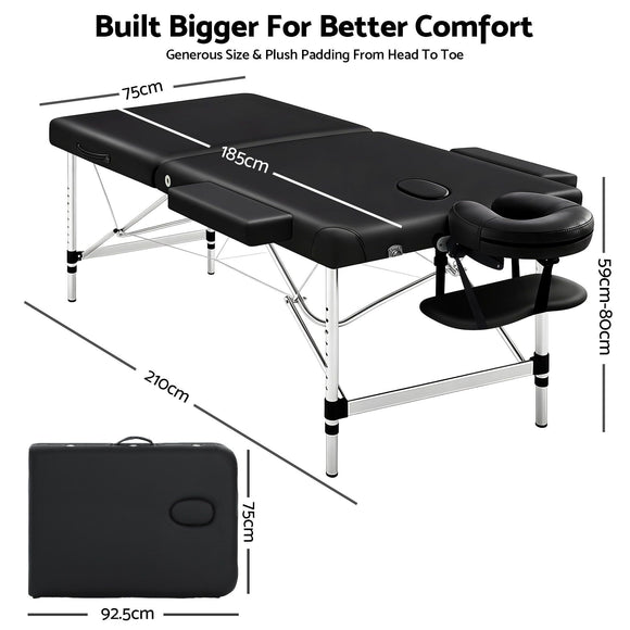 Zenses Massage Table 75cm 2 Fold Aluminium Massage Bed Portable Beauty Therapy Black