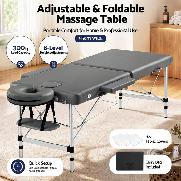 Zenses Massage Table 55cm 2 Fold Aluminium Massage Bed Portable Beauty Therapy Grey
