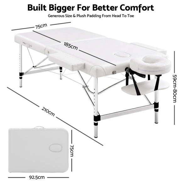 Zenses Massage Table 75cm 2 Fold Aluminium Massage Bed Portable Beauty Therapy White